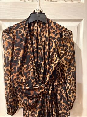 Anne Klein Leopard Print Wrap Blouse in Black and Brown